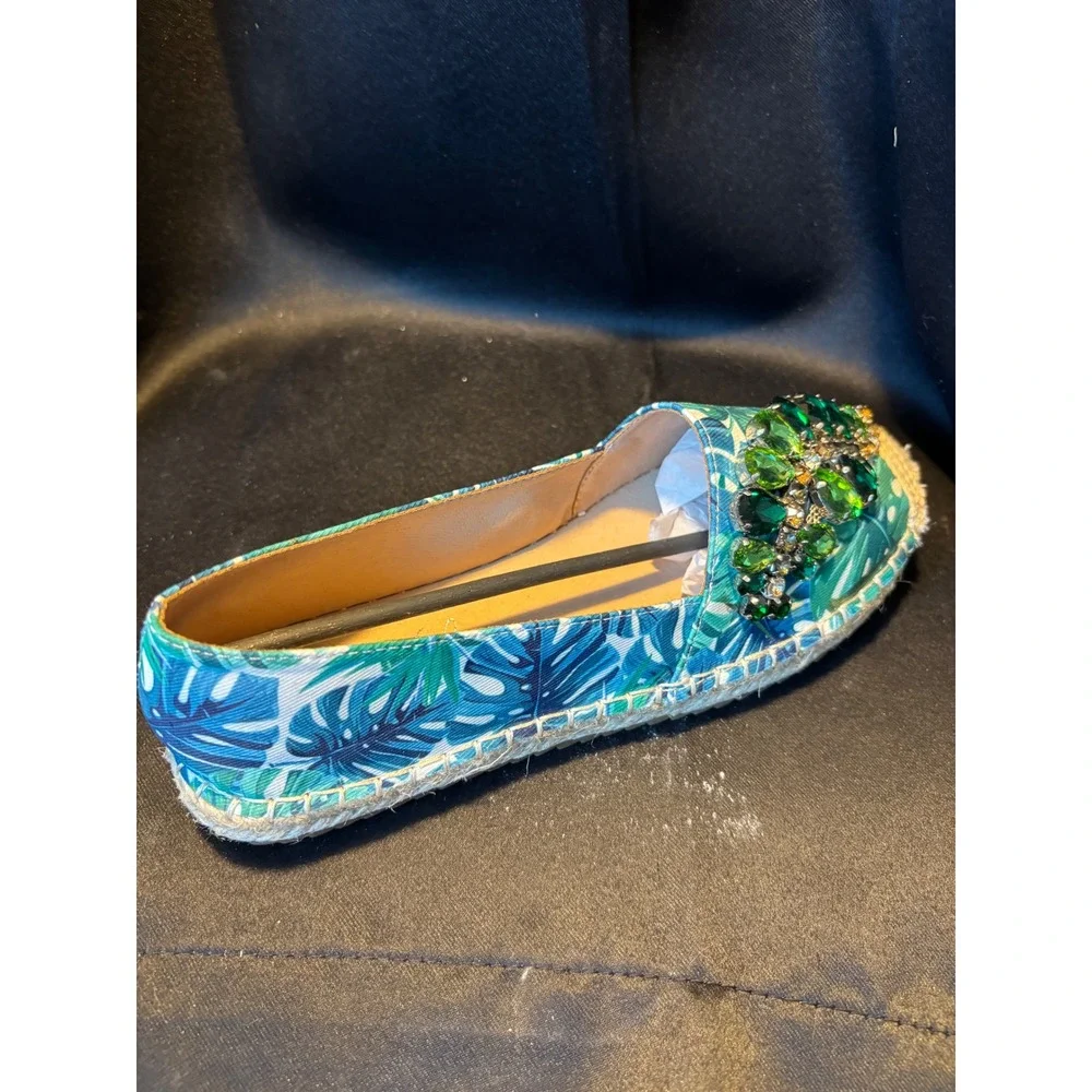 Lauren Lorraine Espi Green Tropical Palm Leaf Crystal‎ Espadrille Flats Mens 6